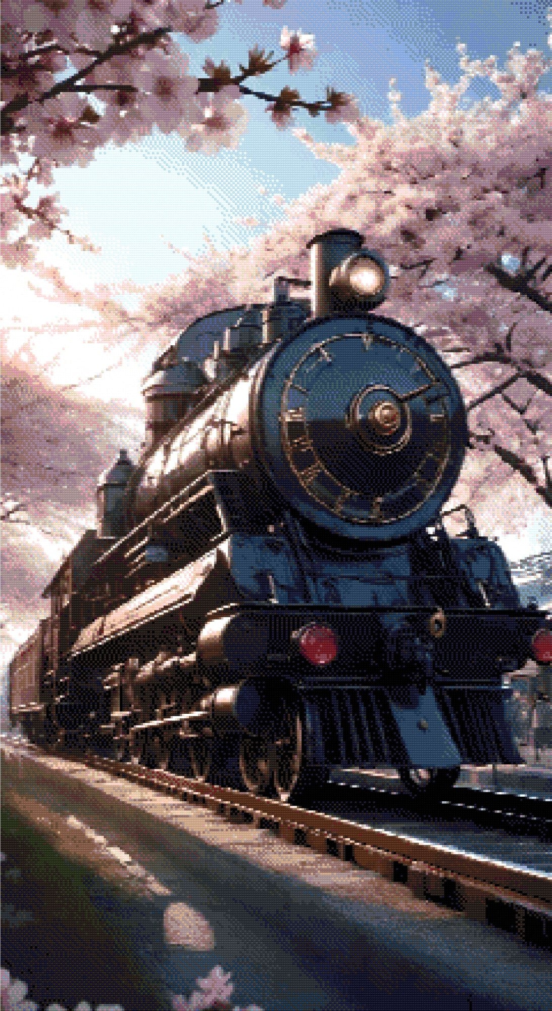A Diamond Painting Rendering Of Vintage Steam Train Under Blooming Cherry Trees On A Sunny Day, Blending Technology And Nature. Size - 60cm X 110cm