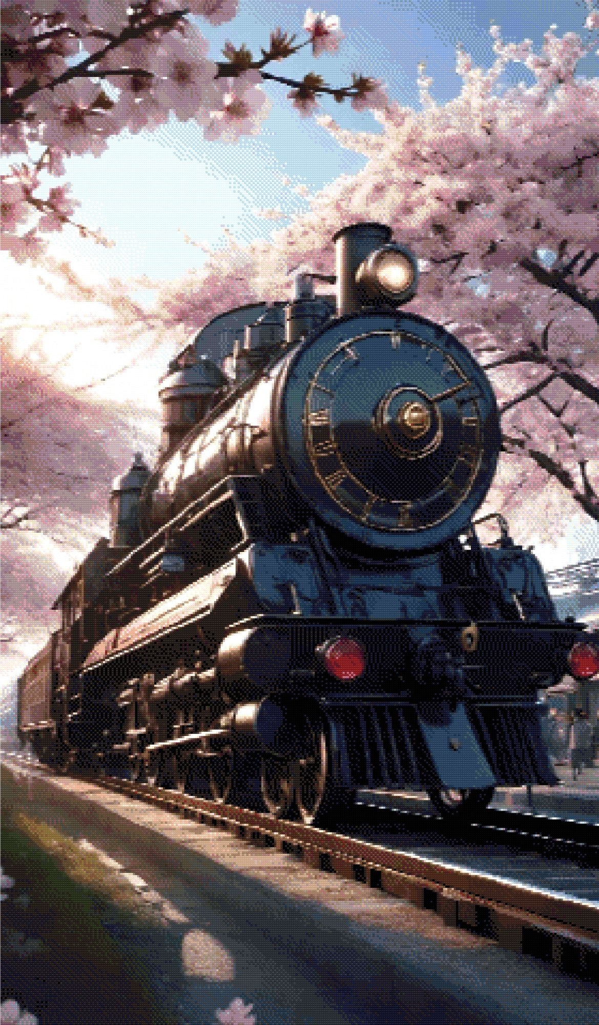 A Diamond Painting Rendering Of Vintage Steam Train Under Blooming Cherry Trees On A Sunny Day, Blending Technology And Nature. Size - 70cm X 120cm