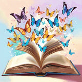 A Diamond Painting Rendering Of Open Book With Colourful Butterflies Flying Out Against A Pastel Background, Symbolizing Imagination And Creativity. Size - 100cm X 100cm