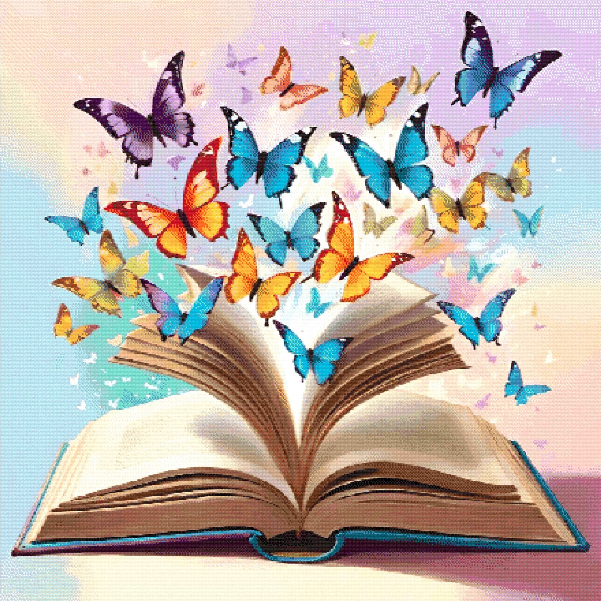 A Diamond Painting Rendering Of Open Book With Colourful Butterflies Flying Out Against A Pastel Background, Symbolizing Imagination And Creativity. Size - 110cm X 110cm