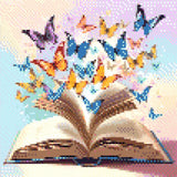 A Diamond Painting Rendering Of Open Book With Colourful Butterflies Flying Out Against A Pastel Background, Symbolizing Imagination And Creativity. Size - 30cm X 30cm