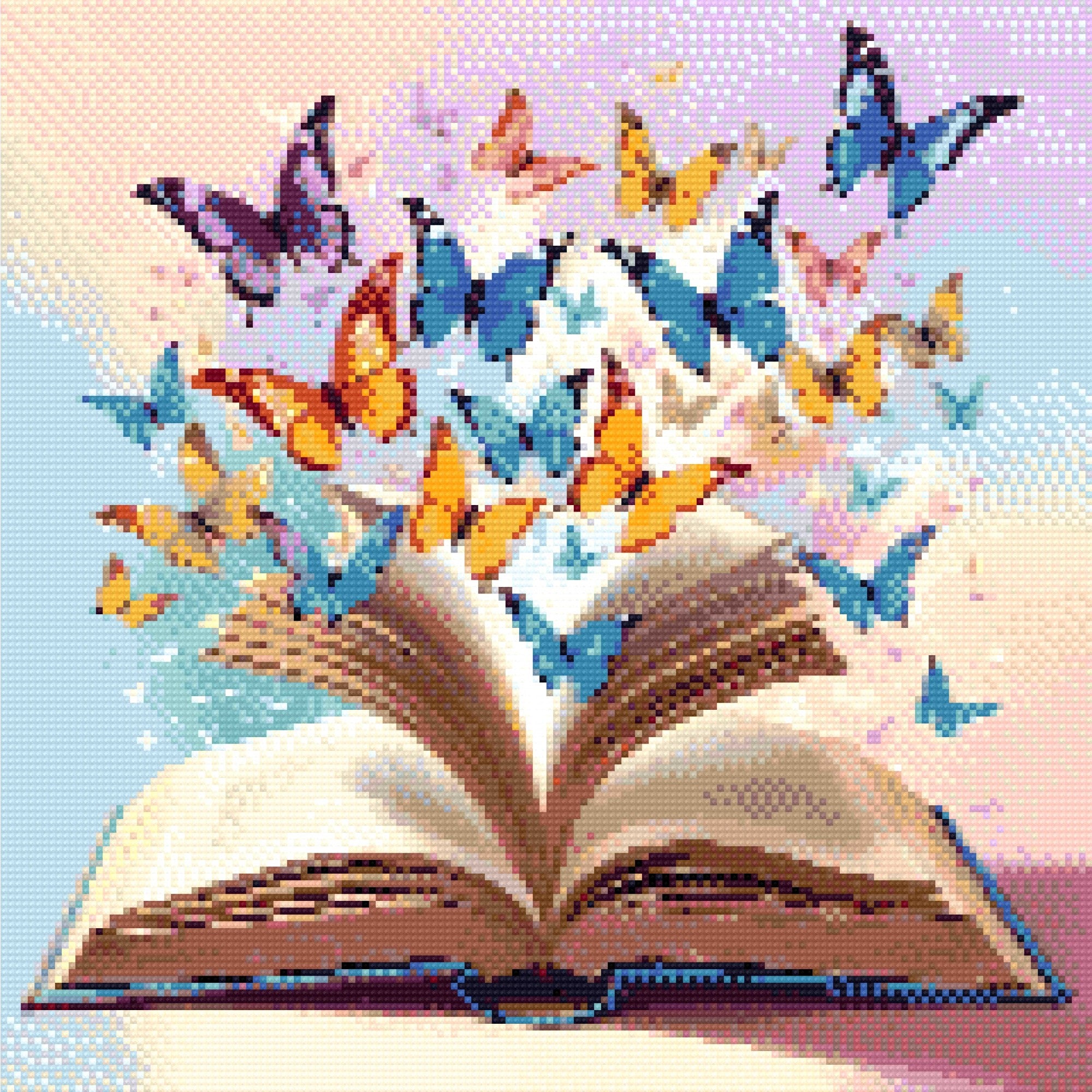 A Diamond Painting Rendering Of Open Book With Colourful Butterflies Flying Out Against A Pastel Background, Symbolizing Imagination And Creativity. Size - 40cm X 40cm