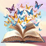 A Diamond Painting Rendering Of Open Book With Colourful Butterflies Flying Out Against A Pastel Background, Symbolizing Imagination And Creativity. Size - 50cm X 50cm