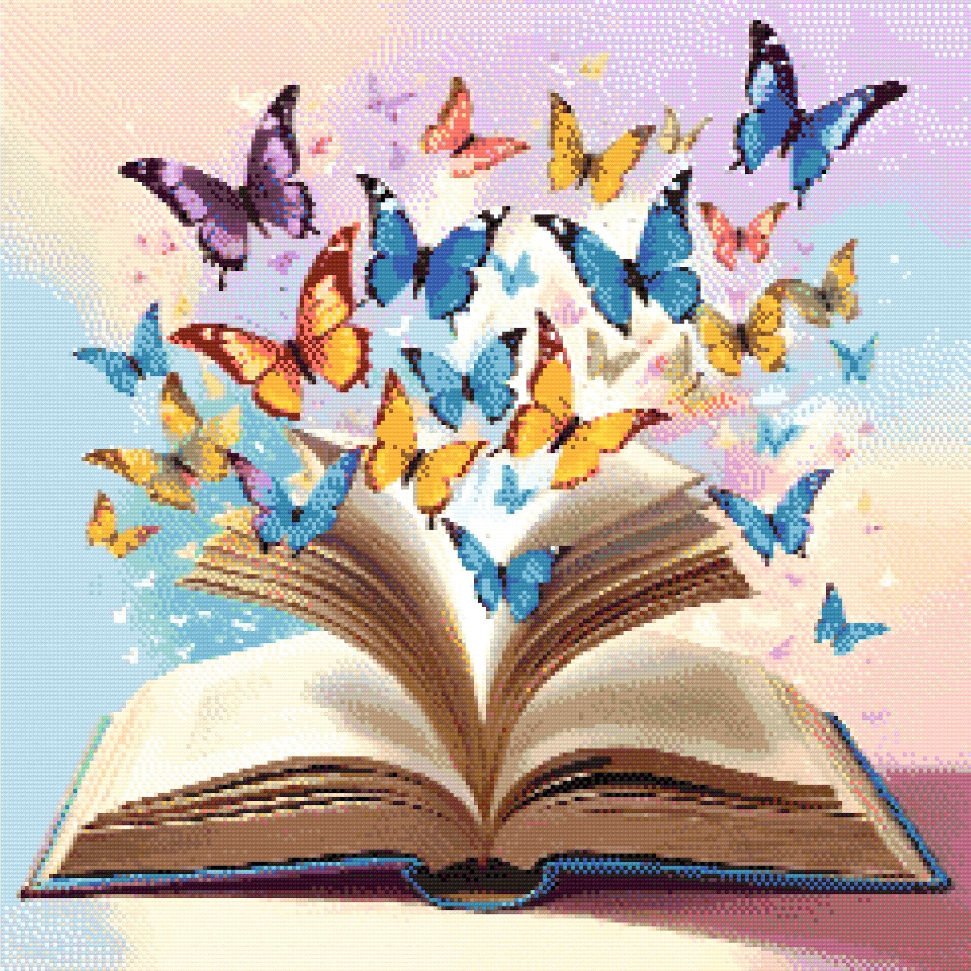 A Diamond Painting Rendering Of Open Book With Colourful Butterflies Flying Out Against A Pastel Background, Symbolizing Imagination And Creativity. Size - 60cm X 60cm