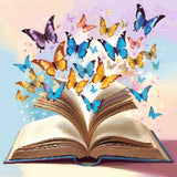 A Diamond Painting Rendering Of Open Book With Colourful Butterflies Flying Out Against A Pastel Background, Symbolizing Imagination And Creativity. Size - 70cm X 70cm