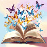 A Diamond Painting Rendering Of Open Book With Colourful Butterflies Flying Out Against A Pastel Background, Symbolizing Imagination And Creativity. Size - 90cm X 90cm