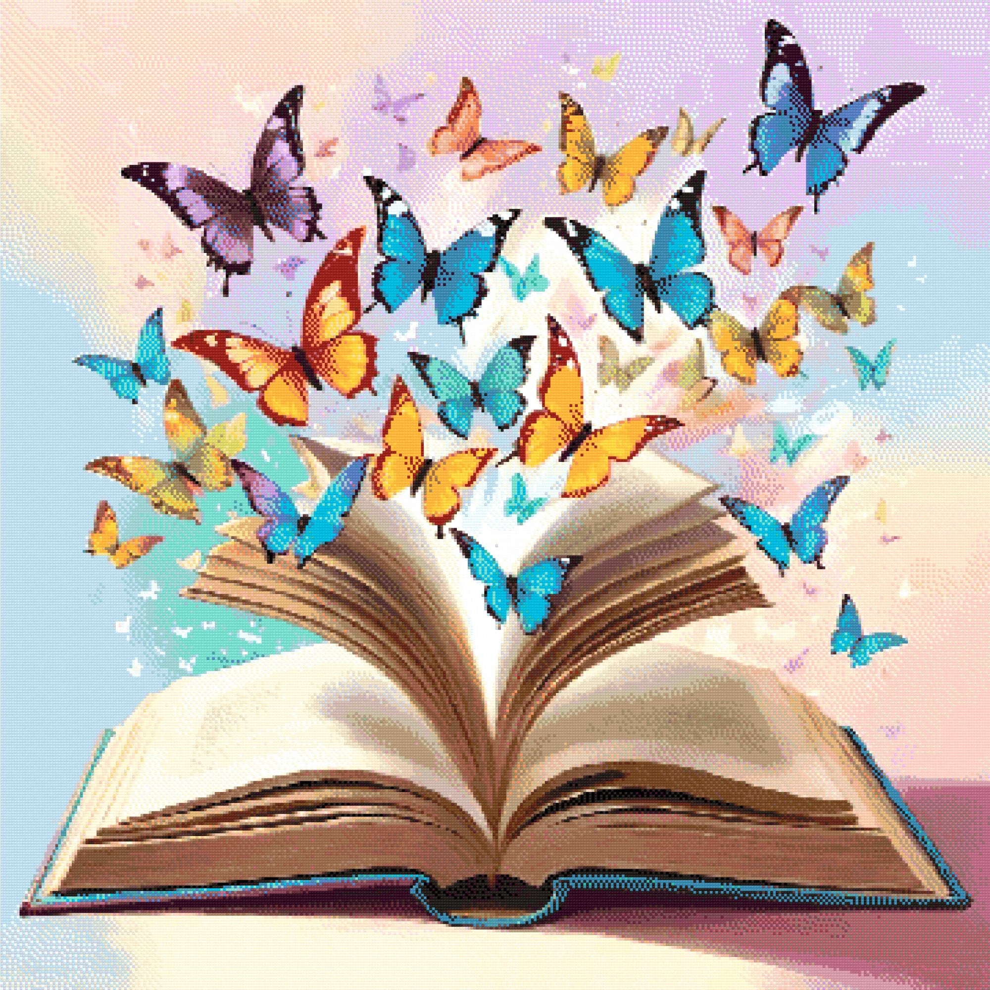 A Diamond Painting Rendering Of Open Book With Colourful Butterflies Flying Out Against A Pastel Background, Symbolizing Imagination And Creativity. Size - 90cm X 90cm