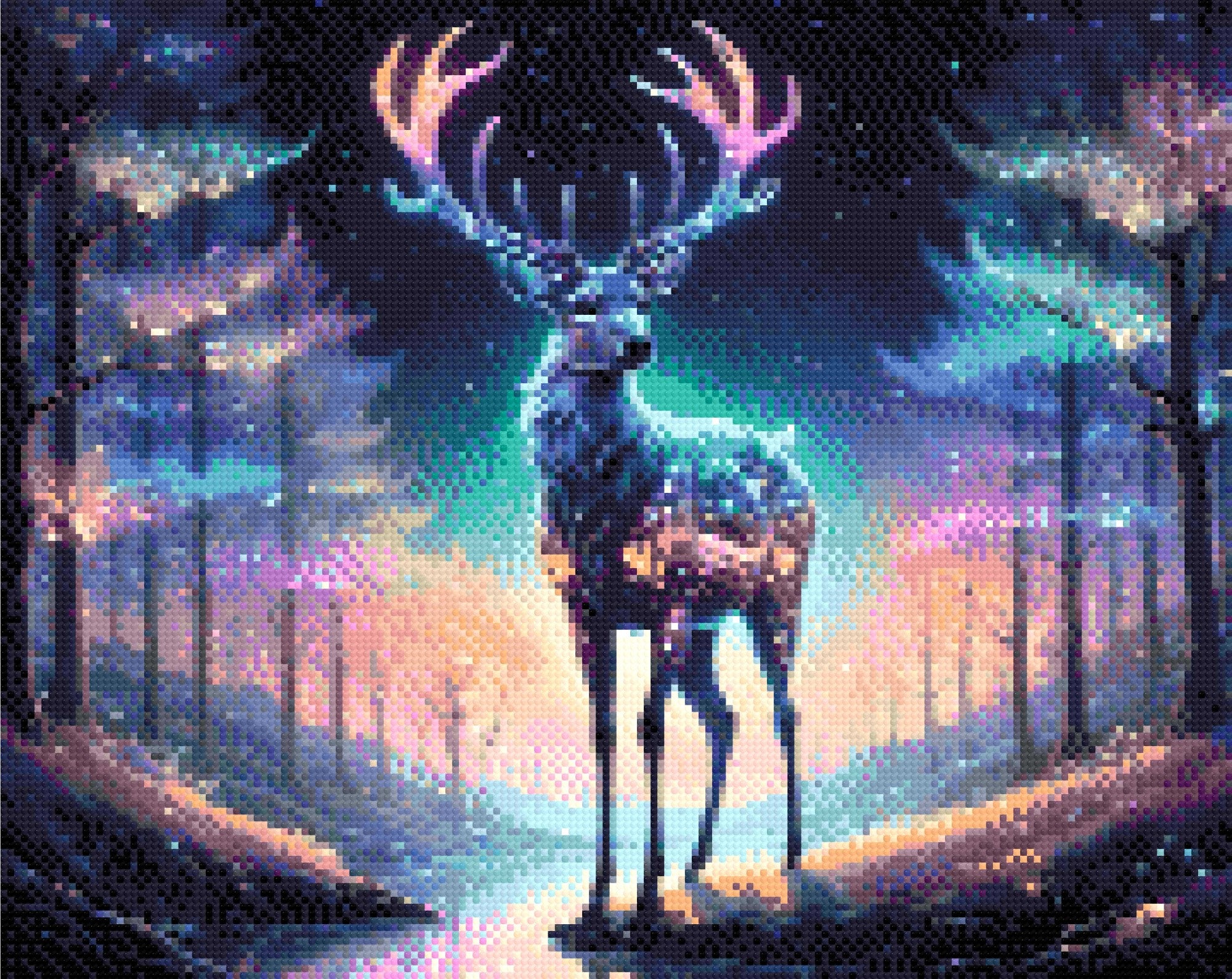 A Diamond Painting Rendering Of A Glowing Deer With Starlit Antlers Stands In A Luminous Forest With Vibrant Trees And A Serene Stream. Size - 50cm X 40cm