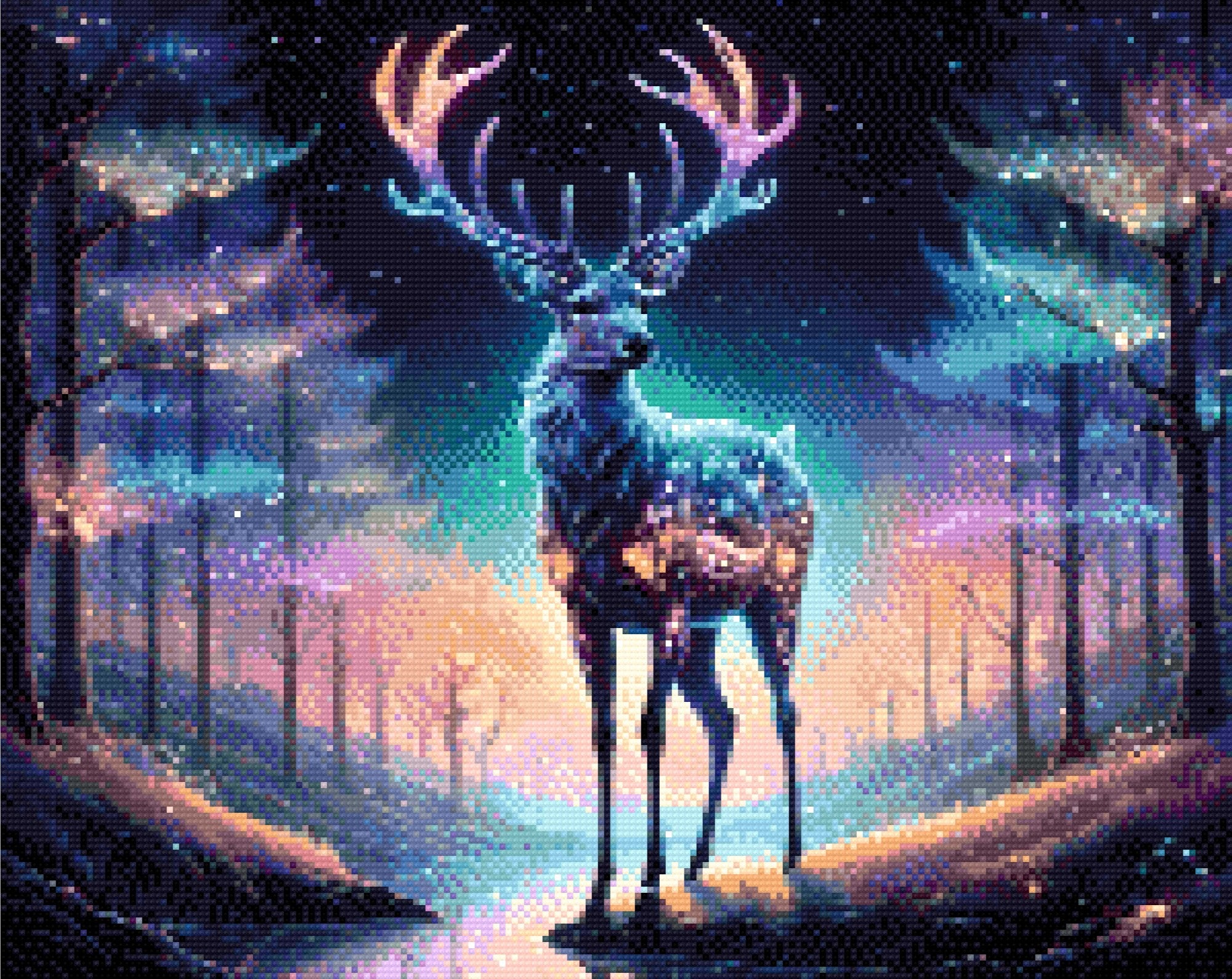 A Diamond Painting Rendering Of A Glowing Deer With Starlit Antlers Stands In A Luminous Forest With Vibrant Trees And A Serene Stream. Size - 50cm X 40cm