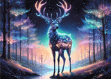 A Diamond Painting Rendering Of A Glowing Deer With Starlit Antlers Stands In A Luminous Forest With Vibrant Trees And A Serene Stream. Size - 70cm X 50cm