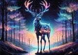 A Diamond Painting Rendering Of A Glowing Deer With Starlit Antlers Stands In A Luminous Forest With Vibrant Trees And A Serene Stream. Size - 70cm X 50cm