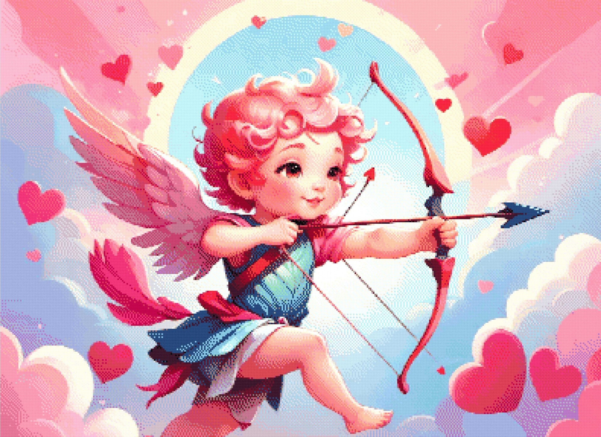 A Diamond Painting Rendering Of Cherubic Cupid With A Bow And Arrow Flying Among Clouds With Hearts Scattered In A Colourful Sky. Size - 110cm X 80cm