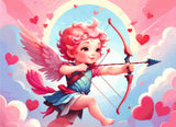 A Diamond Painting Rendering Of Cherubic Cupid With A Bow And Arrow Flying Among Clouds With Hearts Scattered In A Colourful Sky. Size - 110cm X 80cm