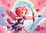 A Diamond Painting Rendering Of Cherubic Cupid With A Bow And Arrow Flying Among Clouds With Hearts Scattered In A Colourful Sky. Size - 110cm X 80cm