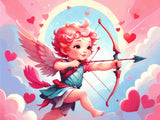 A Diamond Painting Rendering Of Cherubic Cupid With A Bow And Arrow Flying Among Clouds With Hearts Scattered In A Colourful Sky. Size - 120cm X 90cm
