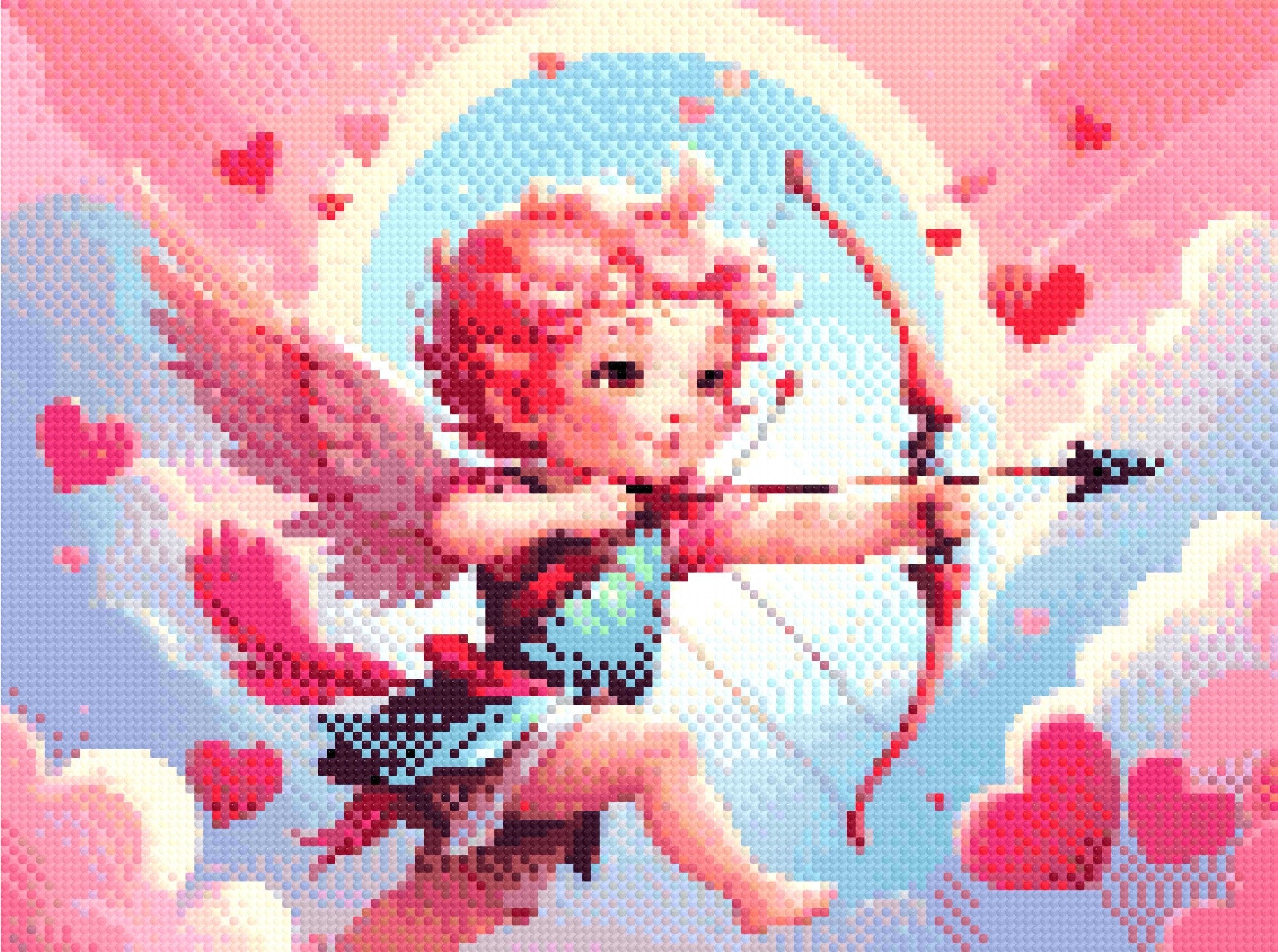 A Diamond Painting Rendering Of Cherubic Cupid With A Bow And Arrow Flying Among Clouds With Hearts Scattered In A Colourful Sky. Size - 40cm X 30cm