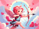A Diamond Painting Rendering Of Cherubic Cupid With A Bow And Arrow Flying Among Clouds With Hearts Scattered In A Colourful Sky. Size - 40cm X 30cm