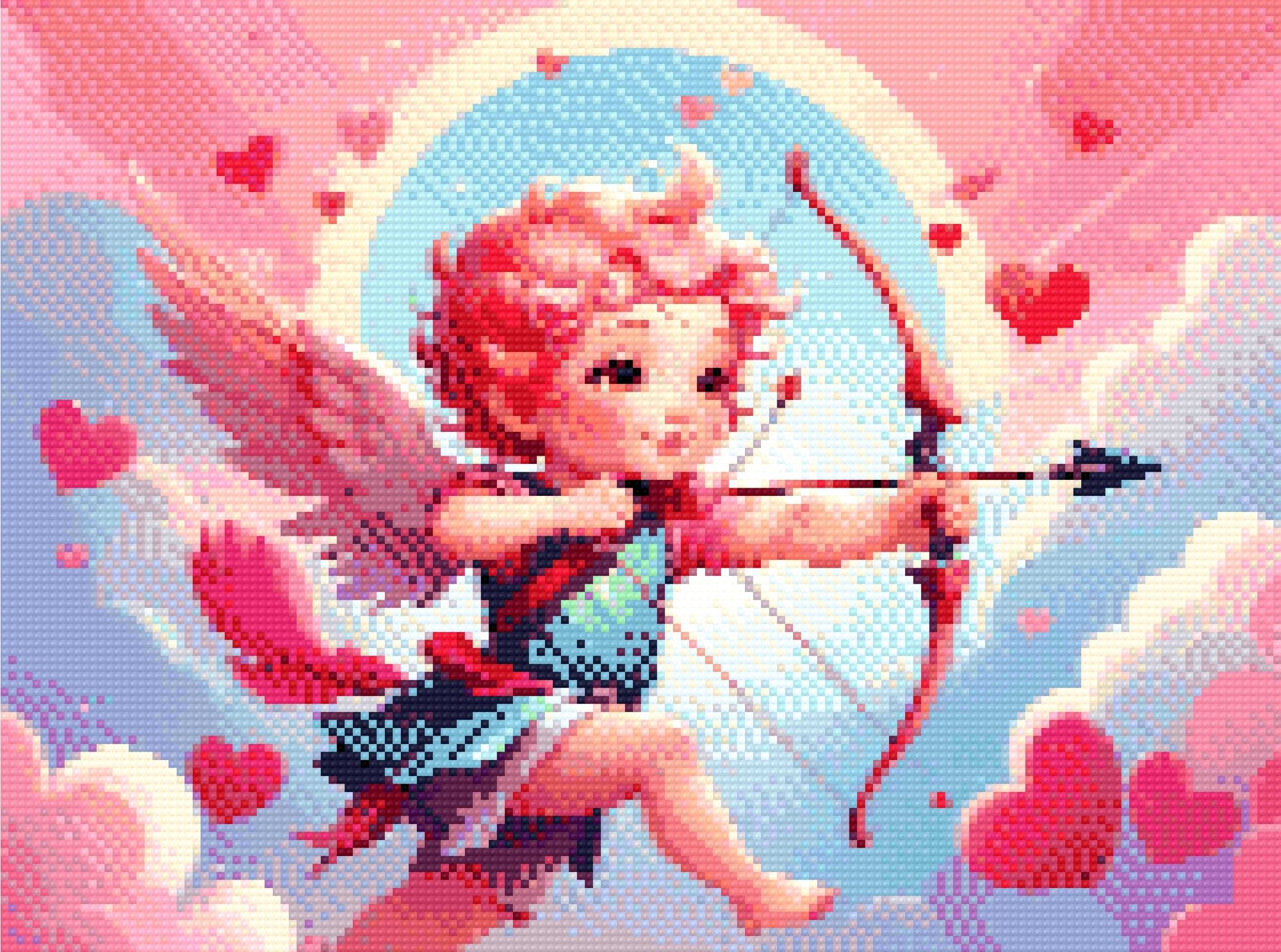A Diamond Painting Rendering Of Cherubic Cupid With A Bow And Arrow Flying Among Clouds With Hearts Scattered In A Colourful Sky. Size - 40cm X 30cm