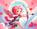 A Diamond Painting Rendering Of Cherubic Cupid With A Bow And Arrow Flying Among Clouds With Hearts Scattered In A Colourful Sky. Size - 50cm X 40cm