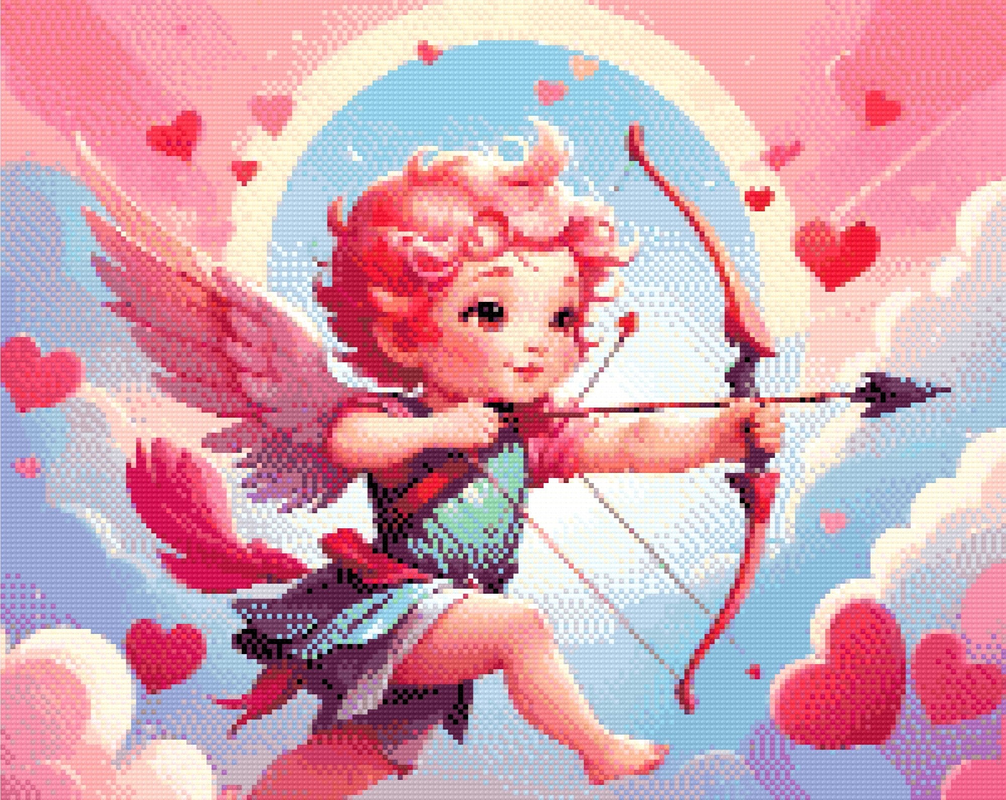 A Diamond Painting Rendering Of Cherubic Cupid With A Bow And Arrow Flying Among Clouds With Hearts Scattered In A Colourful Sky. Size - 50cm X 40cm