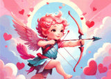 A Diamond Painting Rendering Of Cherubic Cupid With A Bow And Arrow Flying Among Clouds With Hearts Scattered In A Colourful Sky. Size - 70cm X 50cm