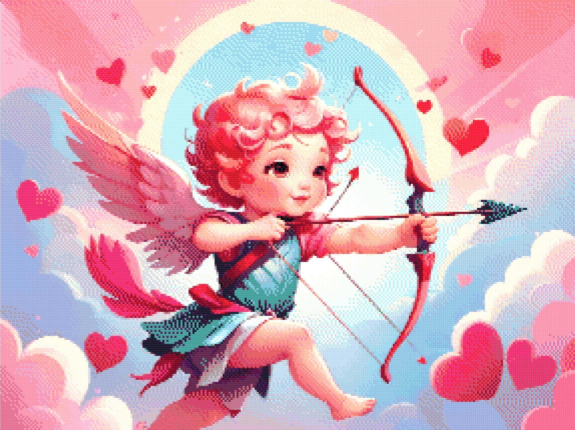 A Diamond Painting Rendering Of Cherubic Cupid With A Bow And Arrow Flying Among Clouds With Hearts Scattered In A Colourful Sky. Size - 80cm X 60cm