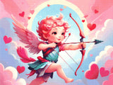 A Diamond Painting Rendering Of Cherubic Cupid With A Bow And Arrow Flying Among Clouds With Hearts Scattered In A Colourful Sky. Size - 80cm X 60cm