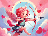 A Diamond Painting Rendering Of Cherubic Cupid With A Bow And Arrow Flying Among Clouds With Hearts Scattered In A Colourful Sky. Size - 80cm X 60cm