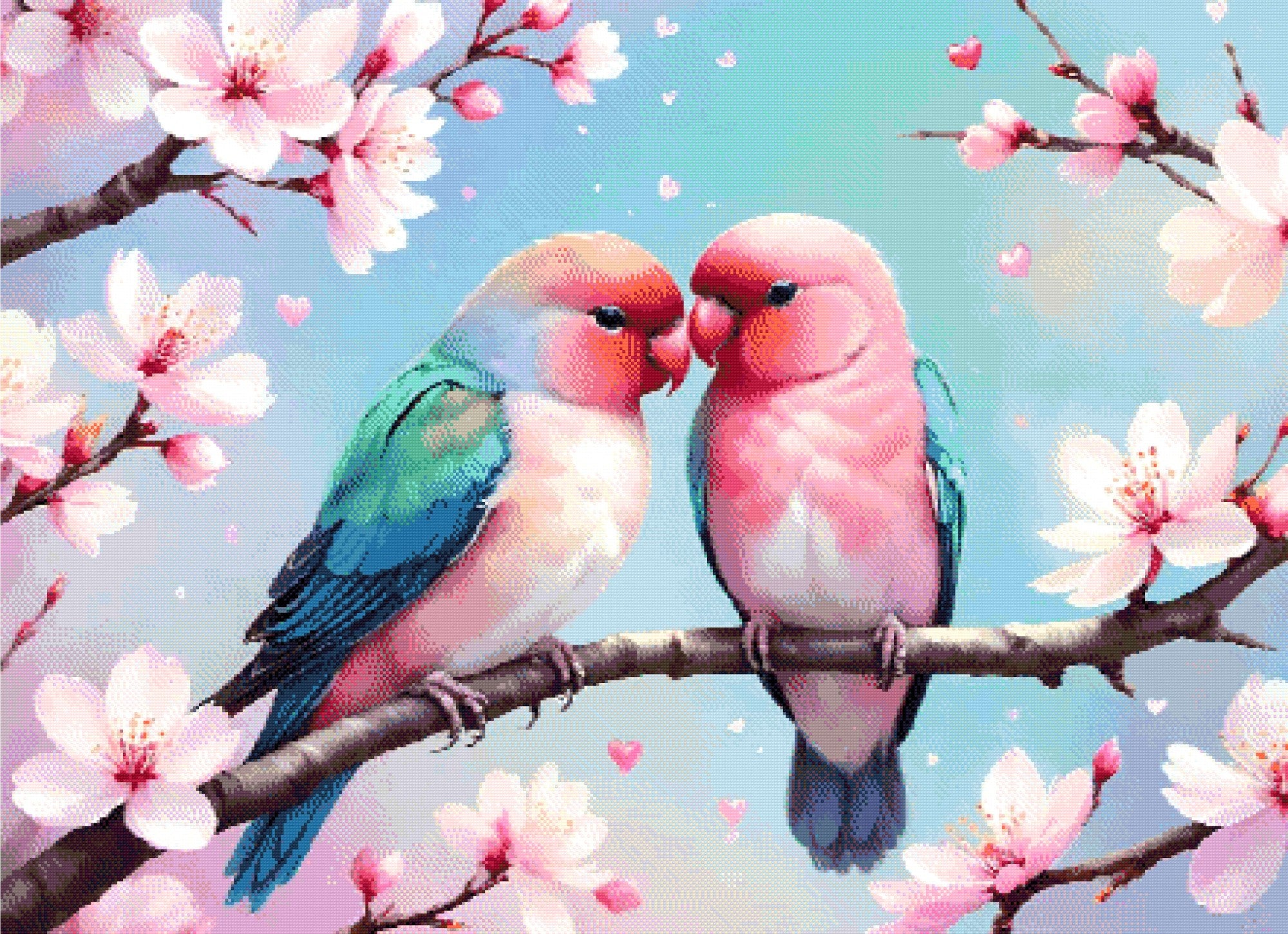 A Diamond Painting Rendering Of Two Colourful Lovebirds Perched On A Cherry Blossom Branch With Hearts And Pastel Background. Size - 110cm X 80cm