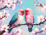 A Diamond Painting Rendering Of Two Colourful Lovebirds Perched On A Cherry Blossom Branch With Hearts And Pastel Background. Size - 120cm X 90cm