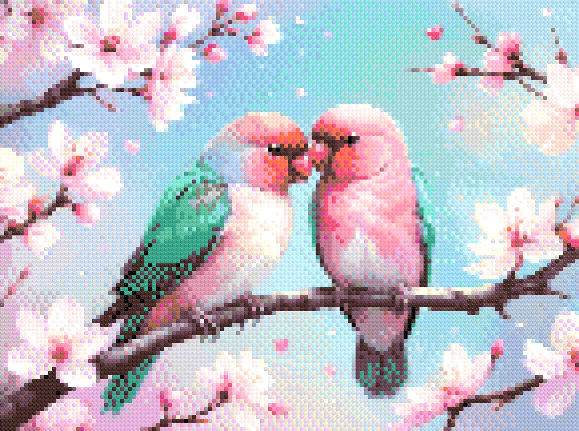 A Diamond Painting Rendering Of Two Colourful Lovebirds Perched On A Cherry Blossom Branch With Hearts And Pastel Background. Size - 40cm X 30cm