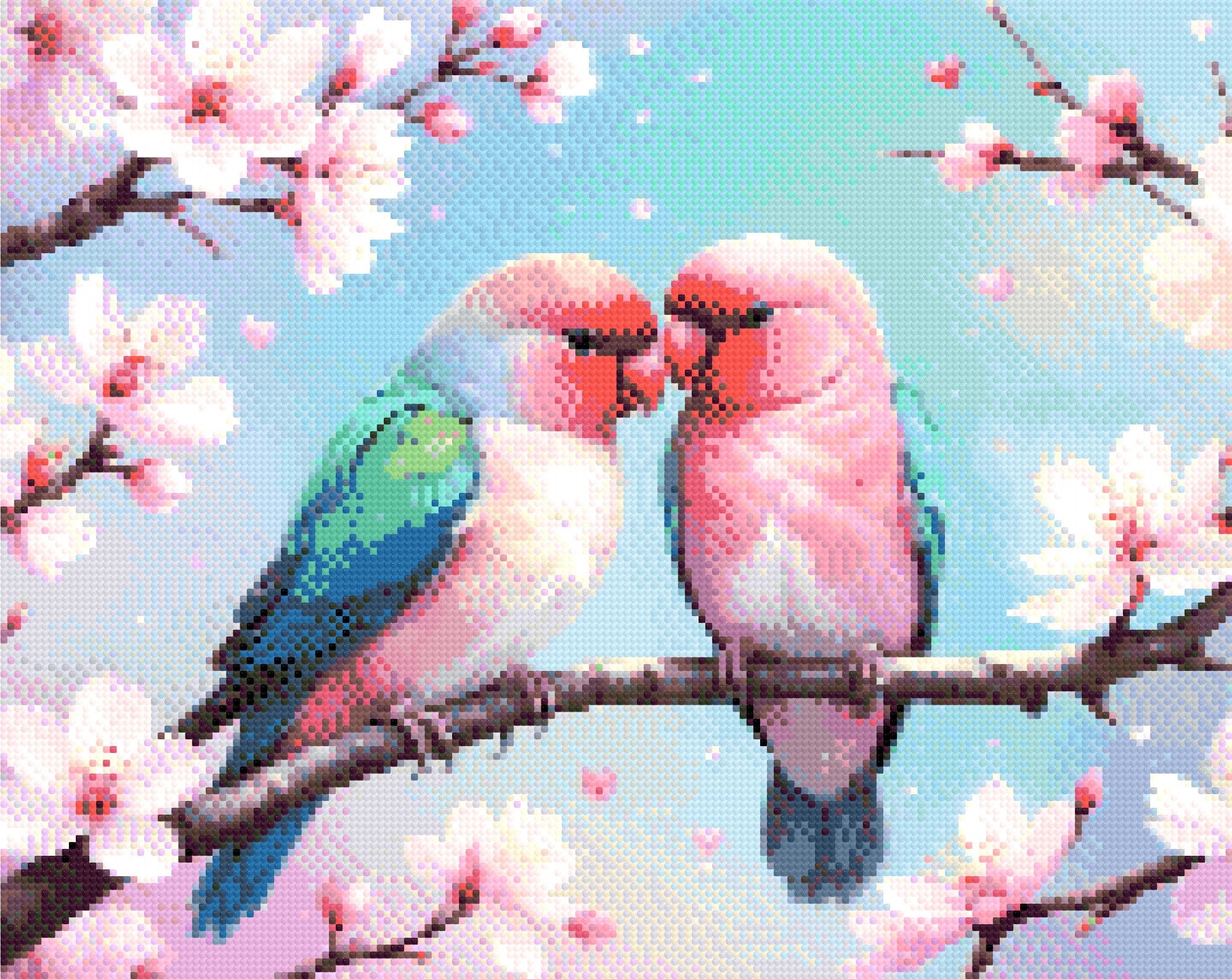 A Diamond Painting Rendering Of Two Colourful Lovebirds Perched On A Cherry Blossom Branch With Hearts And Pastel Background. Size - 50cm X 40cm