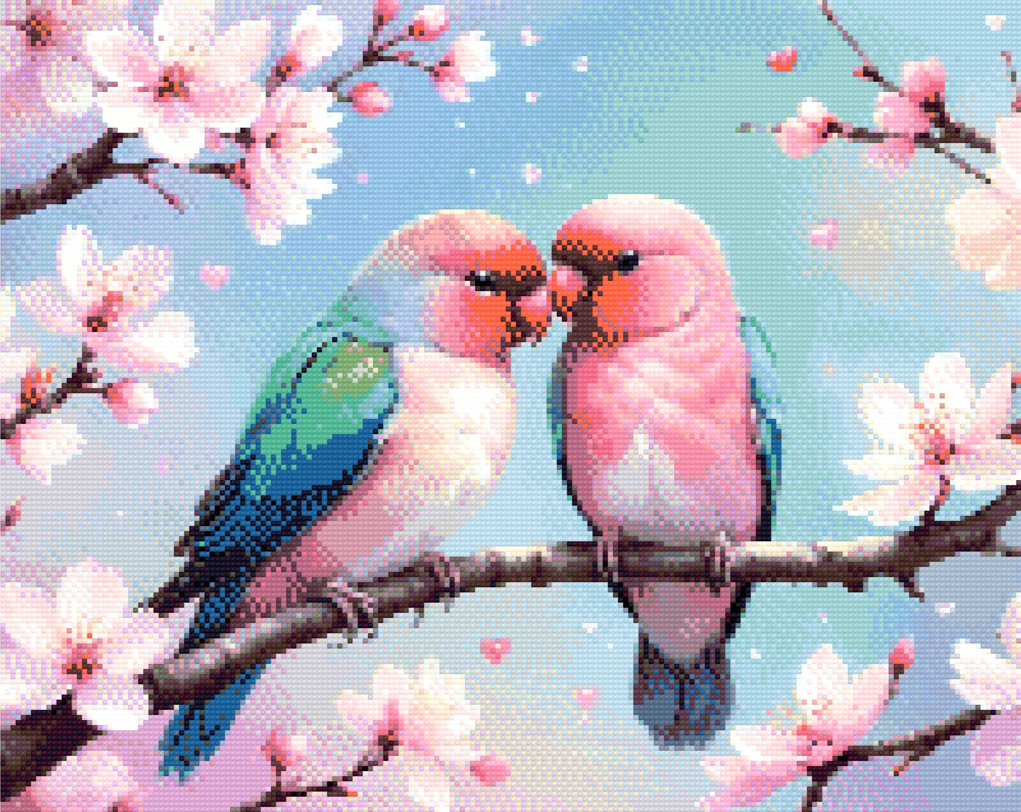 A Diamond Painting Rendering Of Two Colourful Lovebirds Perched On A Cherry Blossom Branch With Hearts And Pastel Background. Size - 50cm X 40cm