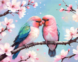 A Diamond Painting Rendering Of Two Colourful Lovebirds Perched On A Cherry Blossom Branch With Hearts And Pastel Background. Size - 50cm X 40cm
