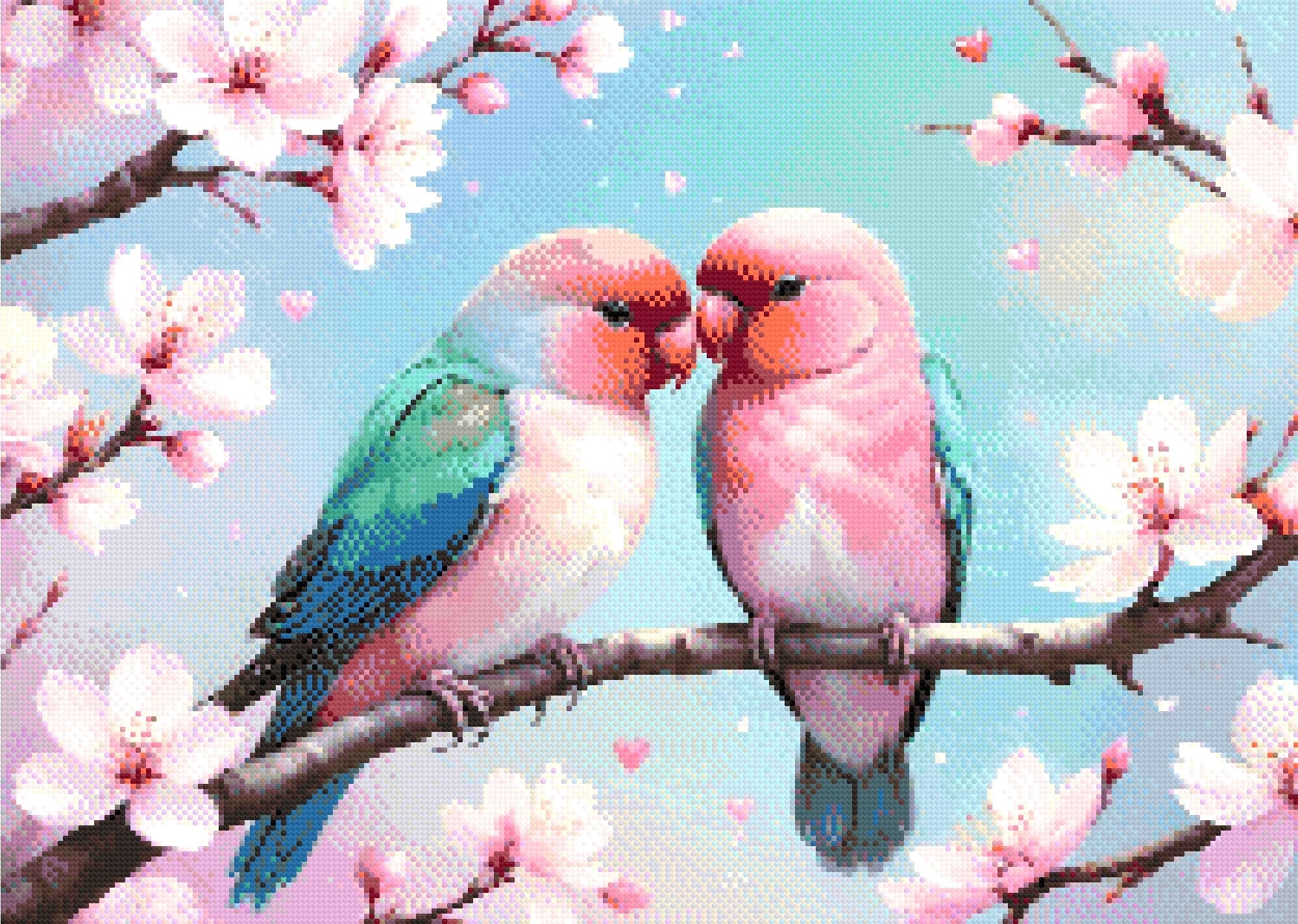 A Diamond Painting Rendering Of Two Colourful Lovebirds Perched On A Cherry Blossom Branch With Hearts And Pastel Background. Size - 70cm X 50cm