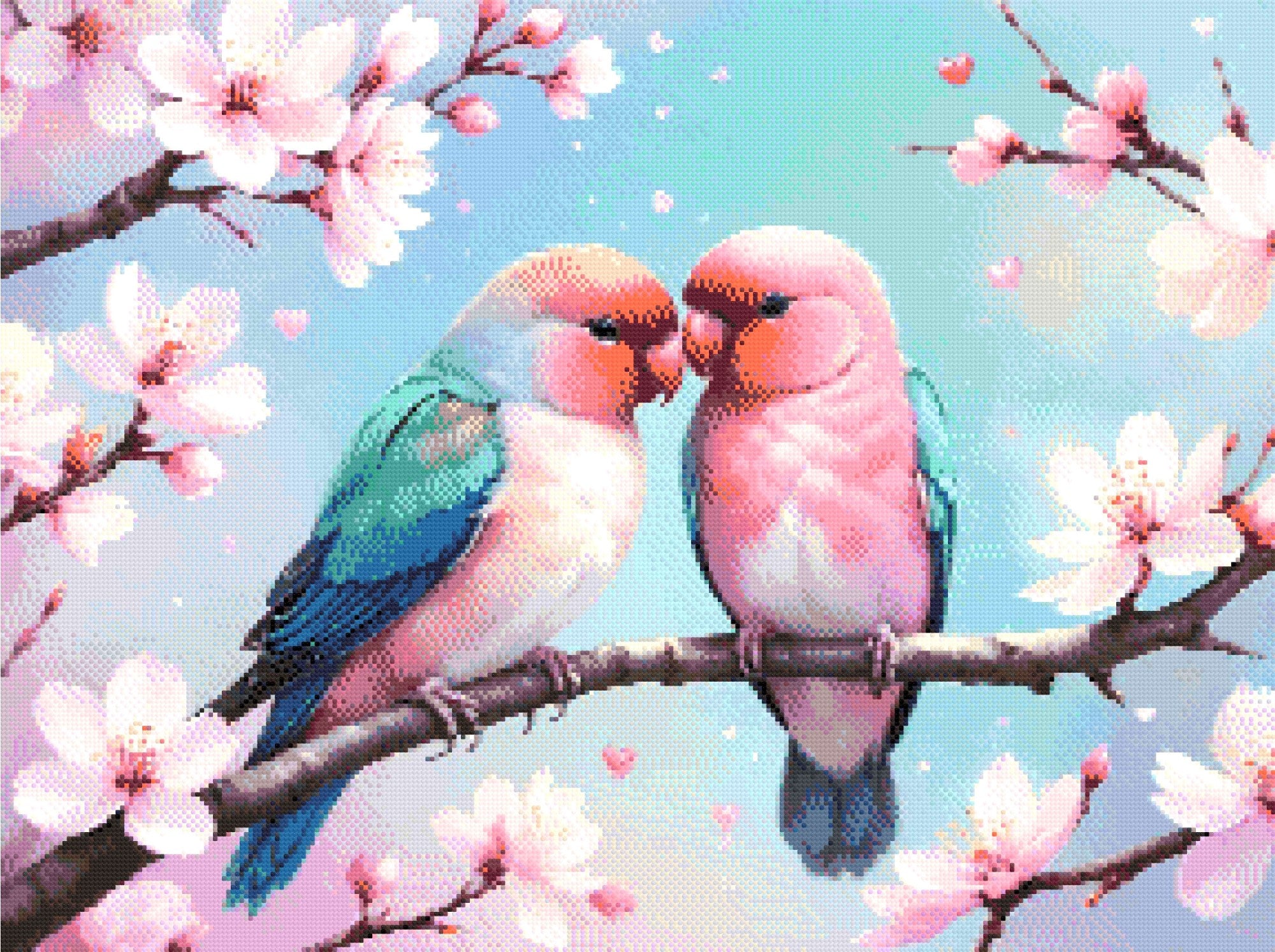 A Diamond Painting Rendering Of Two Colourful Lovebirds Perched On A Cherry Blossom Branch With Hearts And Pastel Background. Size - 80cm X 60cm
