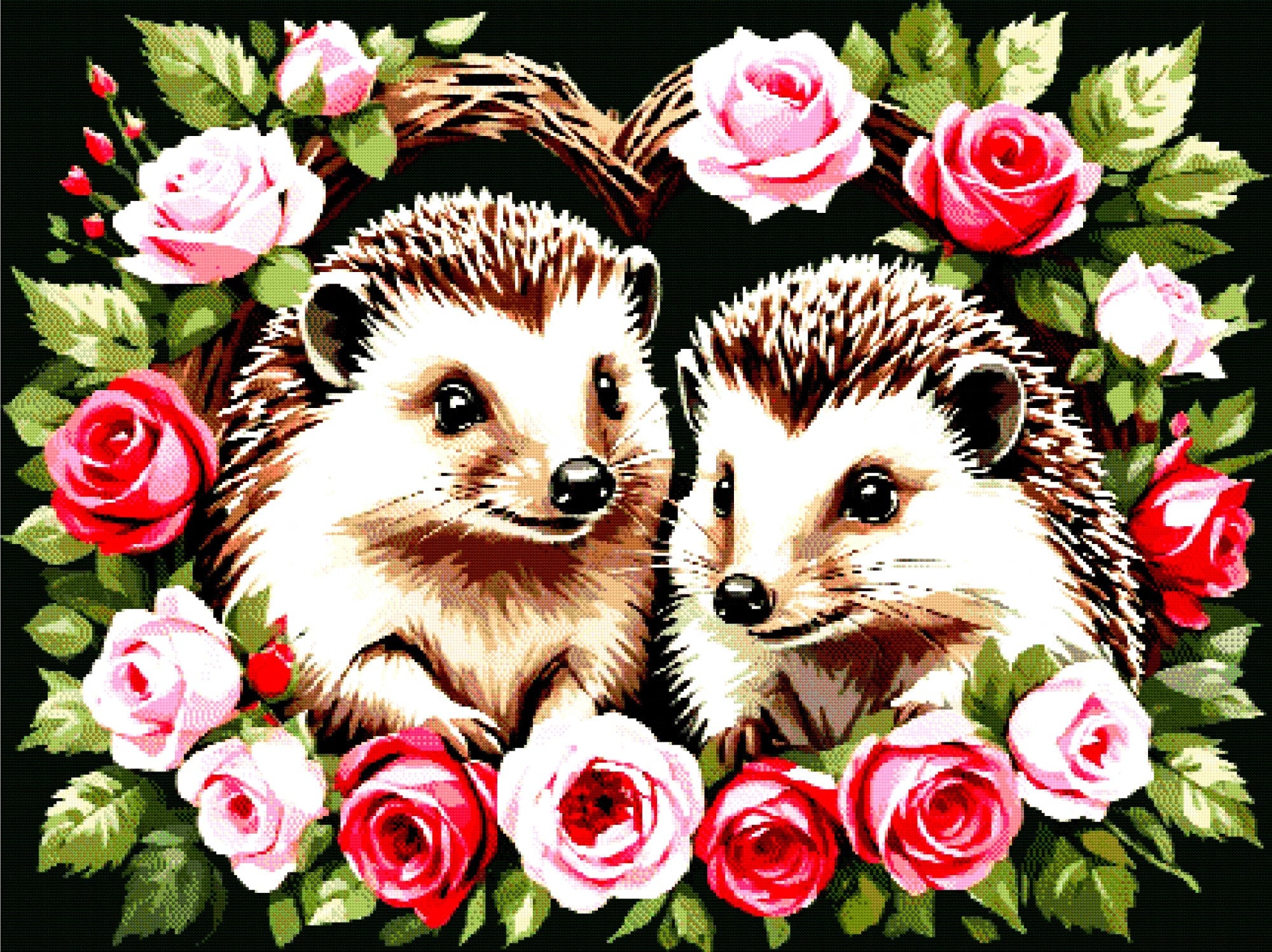 A Diamond Painting Rendering Of Two Hedgehogs Surrounded By Pink And Red Roses, Framed In A Circular Arrangement On A Green Background. Size - 120cm X 90cm