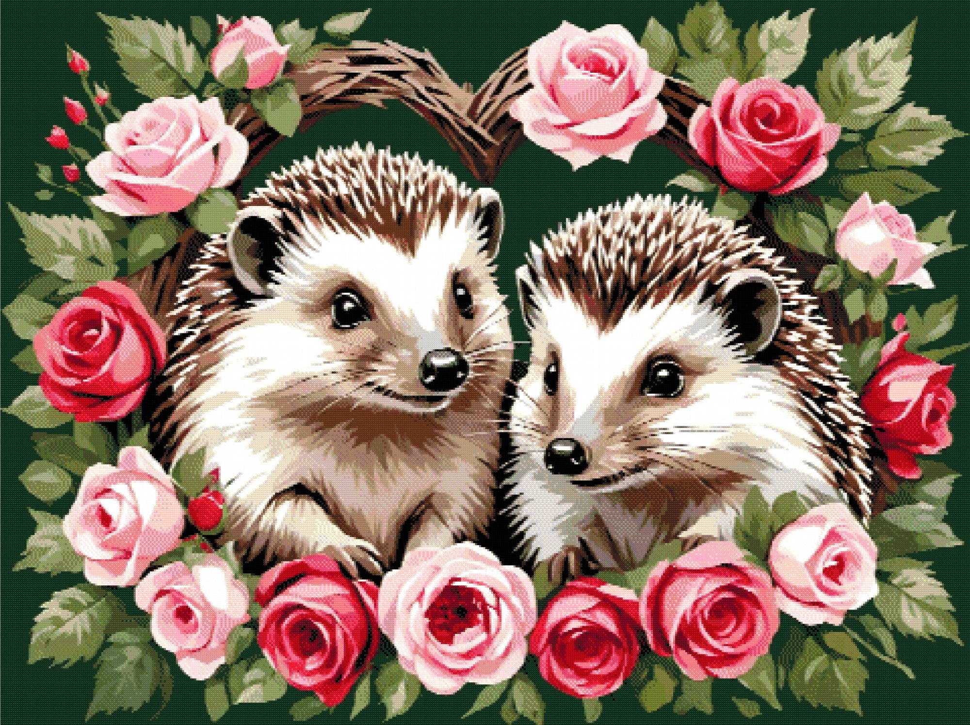 A Diamond Painting Rendering Of Two Hedgehogs Surrounded By Pink And Red Roses, Framed In A Circular Arrangement On A Green Background. Size - 120cm X 90cm