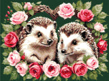 A Diamond Painting Rendering Of Two Hedgehogs Surrounded By Pink And Red Roses, Framed In A Circular Arrangement On A Green Background. Size - 40cm X 30cm