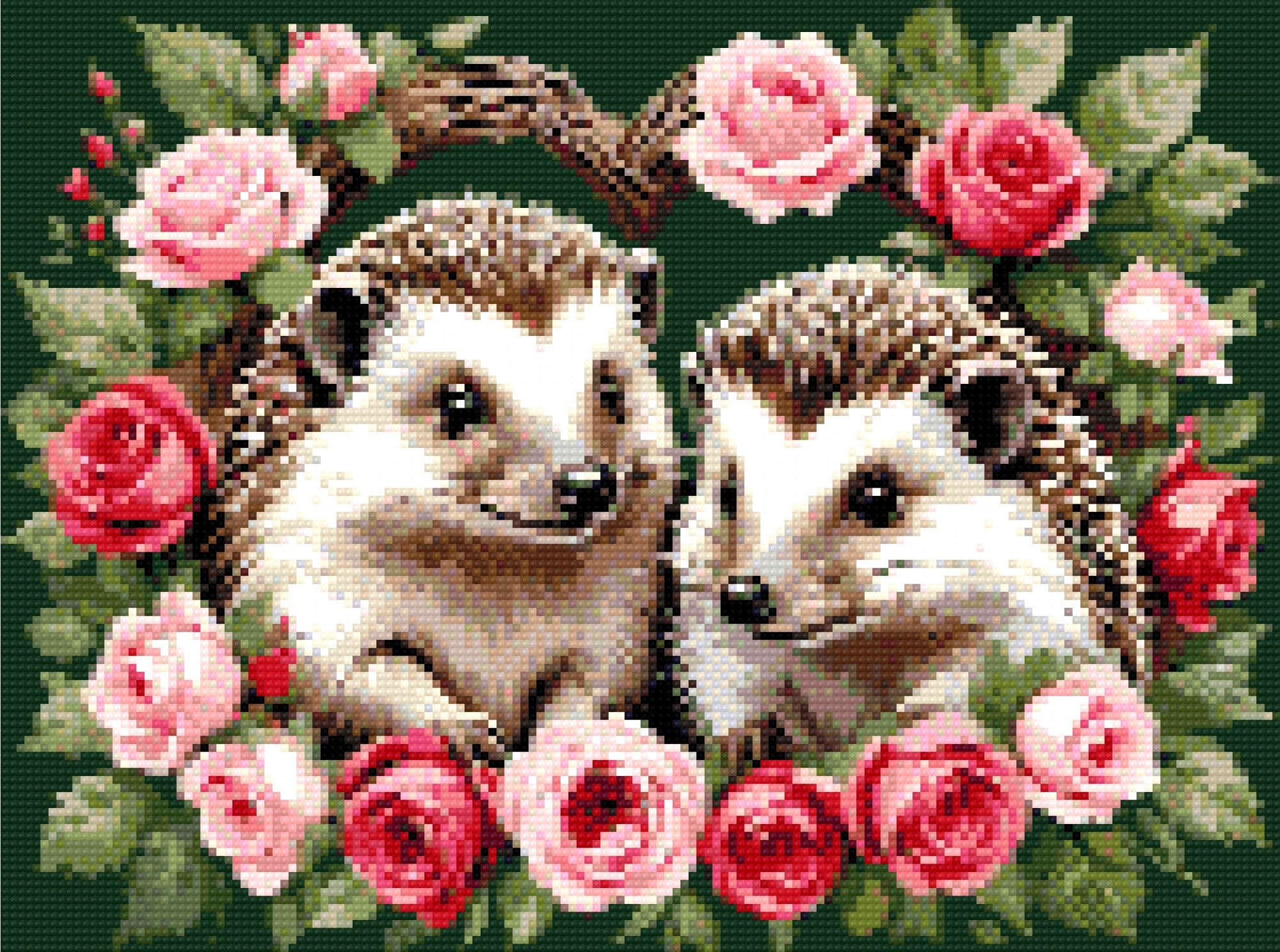 A Diamond Painting Rendering Of Two Hedgehogs Surrounded By Pink And Red Roses, Framed In A Circular Arrangement On A Green Background. Size - 40cm X 30cm