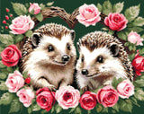 A Diamond Painting Rendering Of Two Hedgehogs Surrounded By Pink And Red Roses, Framed In A Circular Arrangement On A Green Background. Size - 50cm X 40cm