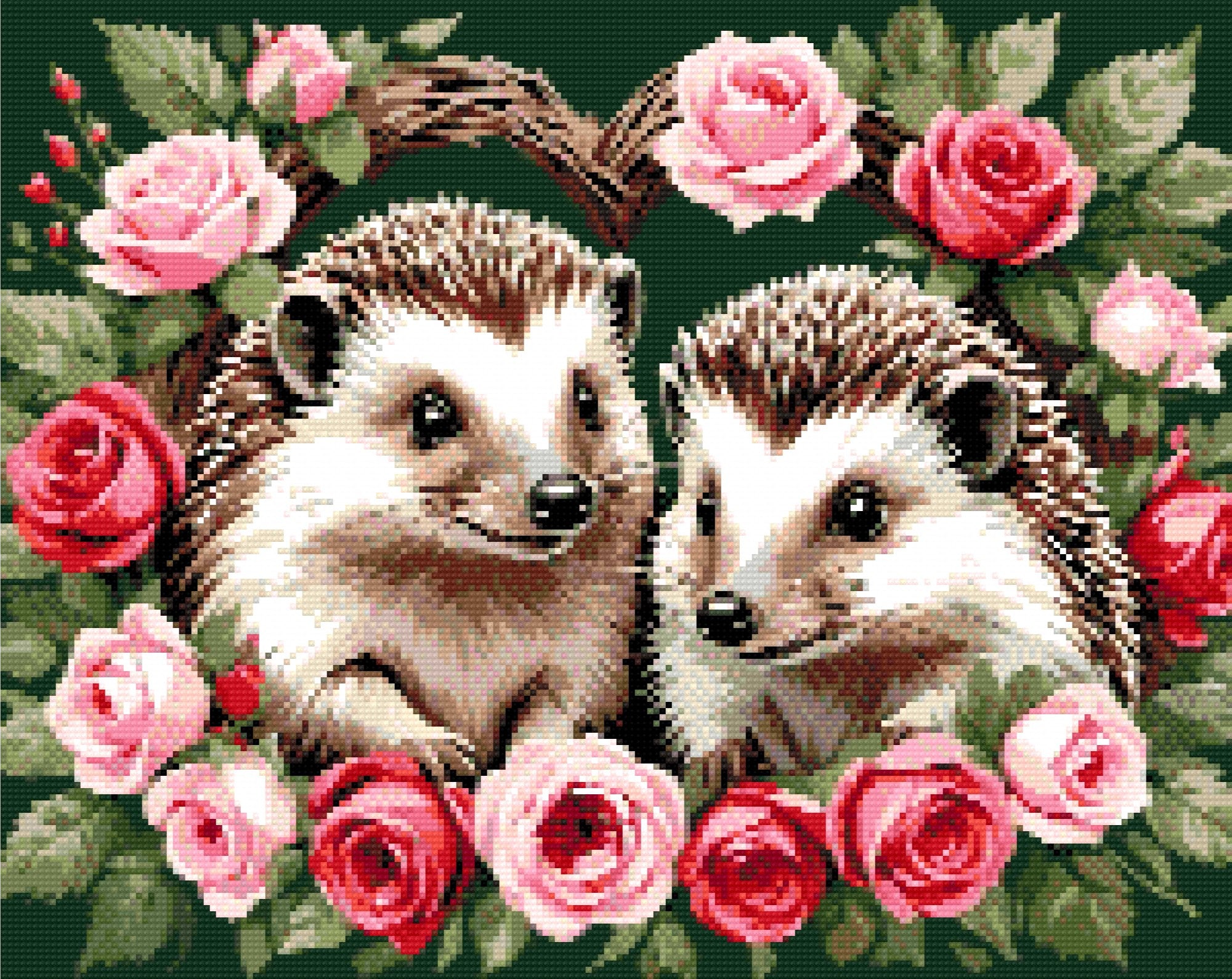 A Diamond Painting Rendering Of Two Hedgehogs Surrounded By Pink And Red Roses, Framed In A Circular Arrangement On A Green Background. Size - 50cm X 40cm