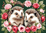 A Diamond Painting Rendering Of Two Hedgehogs Surrounded By Pink And Red Roses, Framed In A Circular Arrangement On A Green Background. Size - 70cm X 50cm