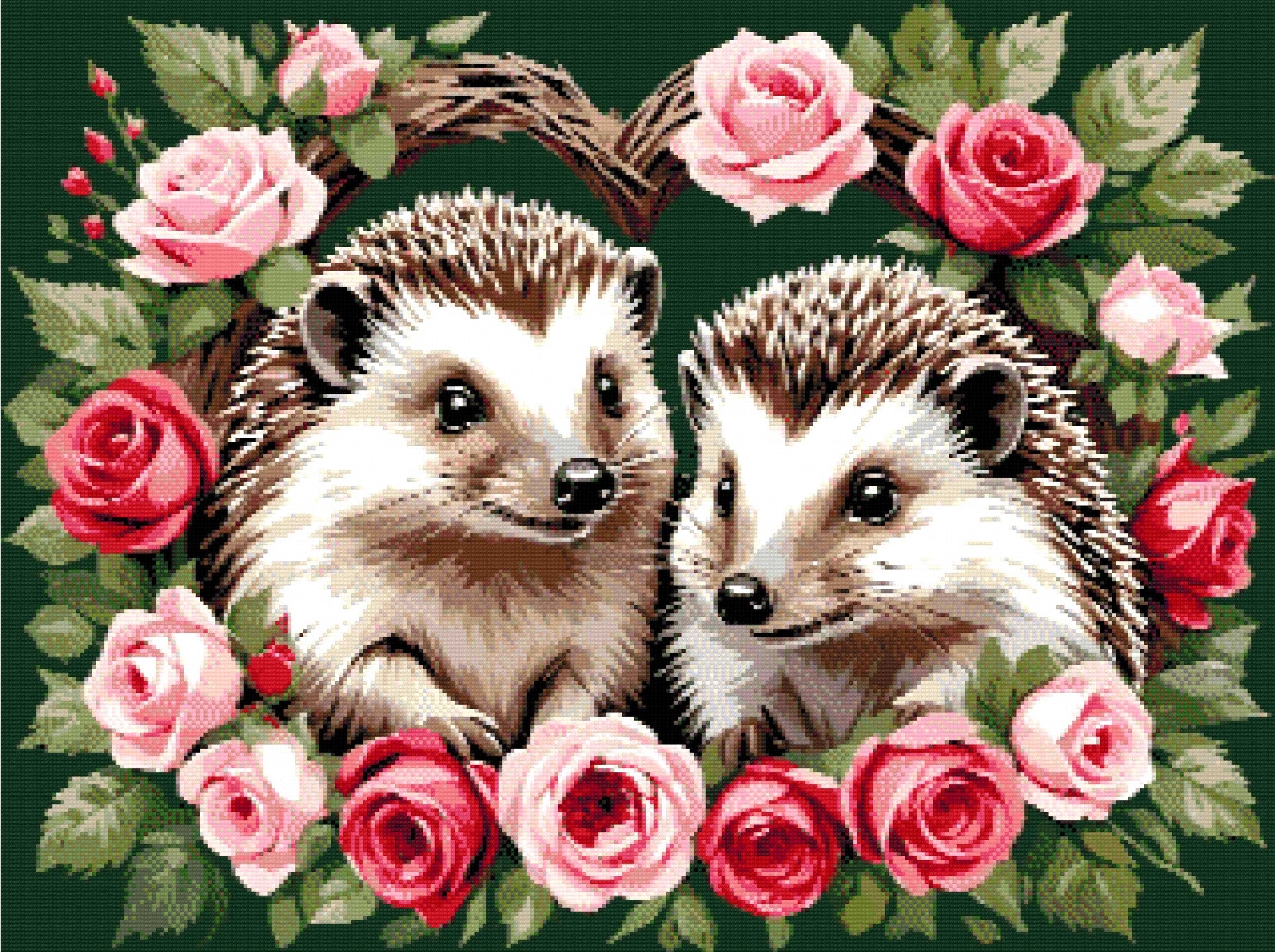 A Diamond Painting Rendering Of Two Hedgehogs Surrounded By Pink And Red Roses, Framed In A Circular Arrangement On A Green Background. Size - 80cm X 60cm