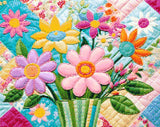 A Diamond Painting Rendering Of Colourful Quilt With Stitched Flowers In A Vase, Surrounded By Intricate Patchwork Patterns. Size - 50cm X 40cm