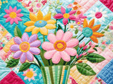 A Diamond Painting Rendering Of Colourful Quilt With Stitched Flowers In A Vase, Surrounded By Intricate Patchwork Patterns. Size - 80cm X 60cm
