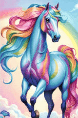 A Diamond Painting Rendering Of A Blue Horse With A Rainbow Mane And Tail Standing Against A Pastel Sky With A Faint Rainbow. Size - 40cm X 60cm