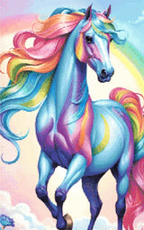 A Diamond Painting Rendering Of A Blue Horse With A Rainbow Mane And Tail Standing Against A Pastel Sky With A Faint Rainbow. Size - 50cm X 80cm
