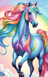 A Diamond Painting Rendering Of A Blue Horse With A Rainbow Mane And Tail Standing Against A Pastel Sky With A Faint Rainbow. Size - 50cm X 80cm