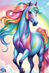 A Diamond Painting Rendering Of A Blue Horse With A Rainbow Mane And Tail Standing Against A Pastel Sky With A Faint Rainbow. Size - 60cm X 90cm